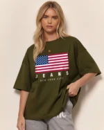 Women Graphic Print Round Neck Cotton Blend Green T-Shirt