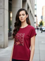 Women Printed Round Neck Pure Cotton Maroon T-Shirt - Image 2