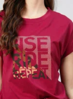 Women Printed Round Neck Pure Cotton Maroon T-Shirt - Image 4
