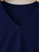 Women Solid V Neck Cotton Blend Navy Blue T-Shirt - Image 2