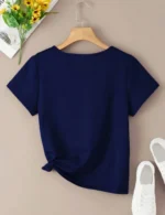Women Solid V Neck Cotton Blend Navy Blue T-Shirt - Image 3
