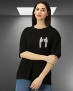 Women Printed Round Neck Cotton Blend Black T-Shirt