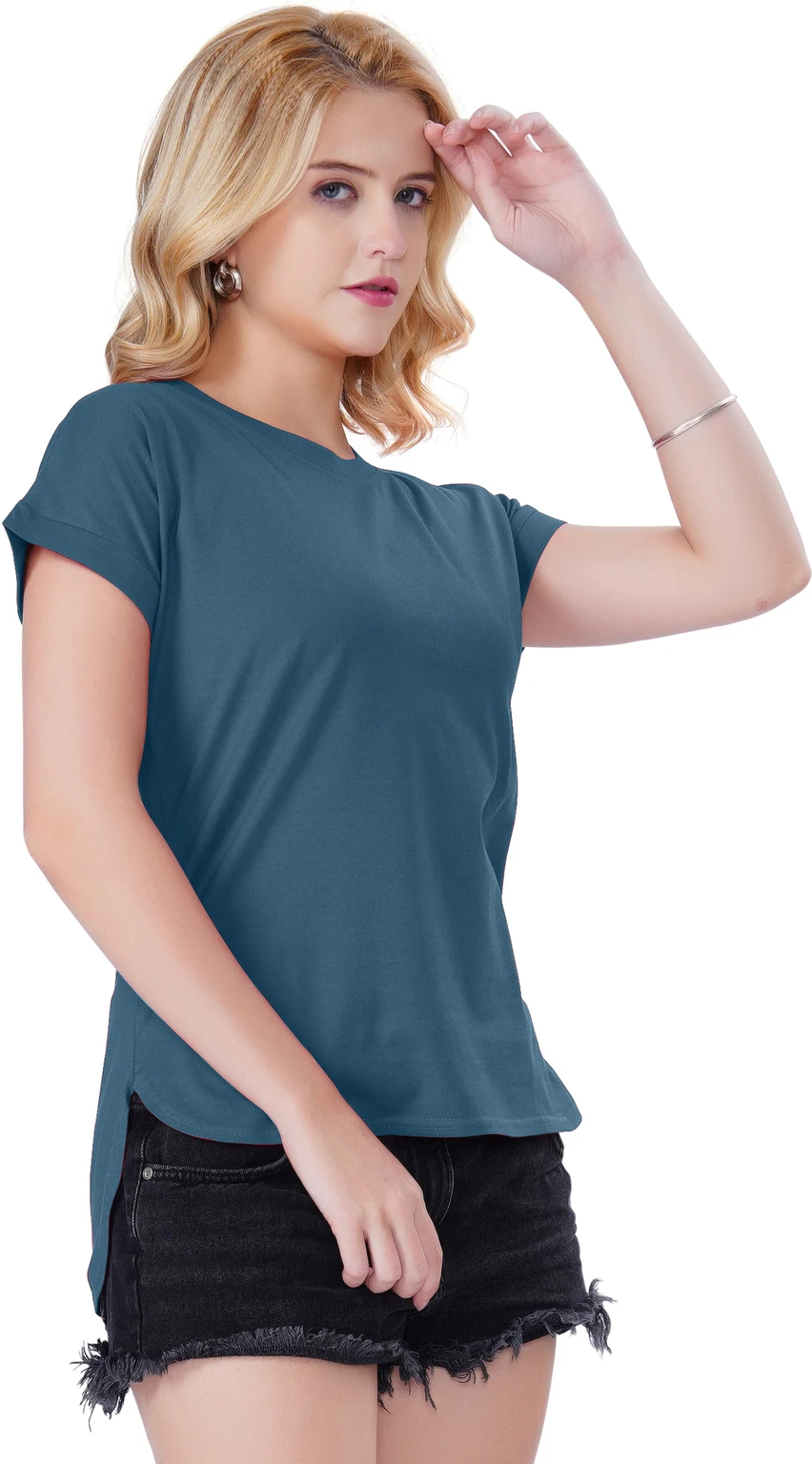 xl-ab-xl-1001-green-chili-original-imahq4s3t7f49nbx-1.webp Green Chili Women Solid Round Neck Pure Cotton Blue T-Shirt - Image 1