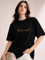 Women Graphic Print Round Neck Pure Cotton Black T-Shirt