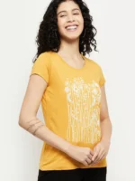 Women Printed Round Neck Pure Cotton Gold T-Shirt - Image 2
