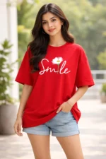 Women Printed Round Neck Cotton Blend Red T-Shirt
