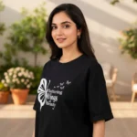 Women Printed Round Neck Pure Cotton Black T-Shirt - Image 2
