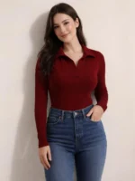 Women Solid Polo Neck Cotton Blend Maroon T-Shirt