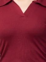 Women Solid Polo Neck Cotton Blend Maroon T-Shirt - Image 3