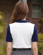 Women Colorblock Zip Neck Cotton Blend Blue, White T-Shirt - Image 2