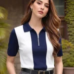 Women Colorblock Zip Neck Cotton Blend Blue, White T-Shirt