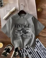 Women Graphic Print Round Neck Cotton Blend Grey T-Shirt