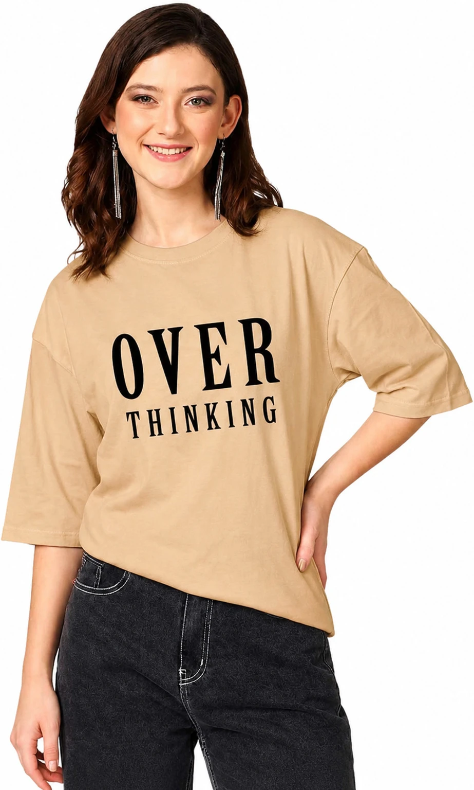 xxl-bgr-th-gkm3-original-imahptvb5u6jbzyb.webp Women Typography, Solid, Printed Round Neck Cotton Blend Beige T-Shirt - Image 1