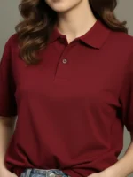 Women Polo Neck Cotton Blend Maroon T-Shirt - Image 3