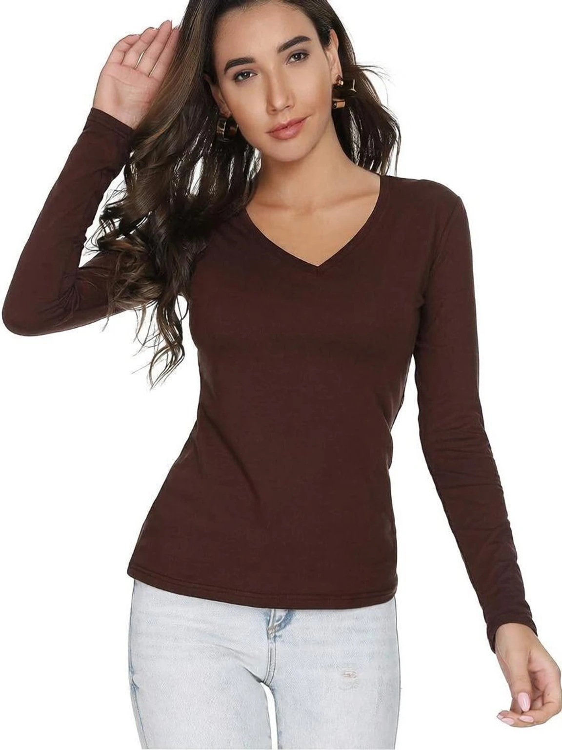 xxl-womens-v-neck-smart-colors-resized-original-imahca38w7neekca.webp Women Solid V Neck Cotton Blend Brown T-Shirt - Image 1
